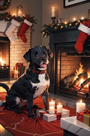 A unique and creative rendering of a puppy in a Christmas setting, with a cozy fireplace and a variety of holiday decorations, capturing the essence of the holiday season