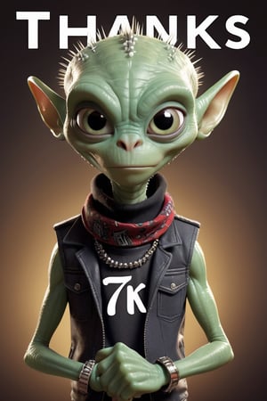 A stylish alien with a punk rock vibe, sporting a spiked collar and a bandana around its neck that says "thanks 7K" in font.,Disney pixar style