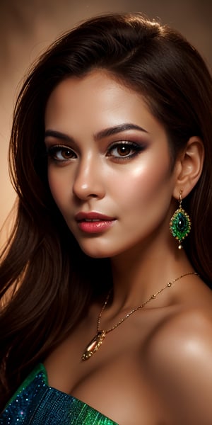 "A stunning portrait of a woman, with her piercing green eyes and brown skin, set against a backdrop of vibrant design and luxury style.",Makeup