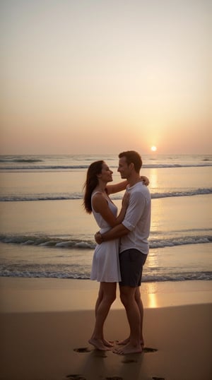 couple watching a beautiful sunset on the beach, hands, masterpiece