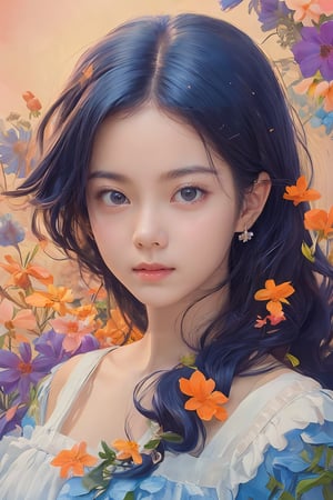 A captivating digital art portrait of a young woman surrounded by a vibrant array of flowers. Her wavy, dark blue hair frames her face, blending seamlessly with the floral elements around her. The flowers, in shades of orange, blue, and white, create a striking contrast against her pale skin. She gazes directly at the viewer with an intense, almost ethereal expression. The intricate details of the petals and leaves intertwine with her hair, giving the impression that she is one with nature. The overall composition is both delicate and dramatic, evoking a sense of mystery and enchantment,