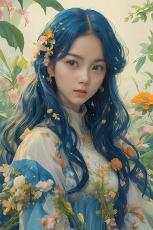 A captivating digital art portrait of a young woman surrounded by a vibrant array of flowers. Her wavy, dark blue hair frames her face, blending seamlessly with the floral elements around her. The flowers, in shades of orange, blue, and white, create a striking contrast against her pale skin. She gazes directly at the viewer with an intense, almost ethereal expression. The intricate details of the petals and leaves intertwine with her hair, giving the impression that she is one with nature. The overall composition is both delicate and dramatic, evoking a sense of mystery and enchantment,