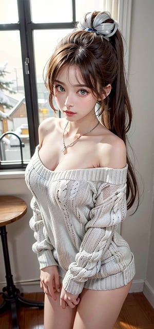 Half body,Realistic photos, masterpiece, highest quality, 1 girl,Pull down collar,show nipples,two hands lift sweater show pussy:1.8,bright gentle green eyes, necklace,(Off-the-shoulder knit very short sweater:1.2),bracelet, bright snow-white skin, high detail skin,high ponytail, brown hair, delicate hairpin, delicate beautiful face, Tsundere expression,studio lighting,Girl,naked girl only wear short sweater,medium breasts,shy,
,1girl,DSKBSPU,