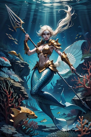 A mermaid warrior in pearl and coral armor, wielding a golden trident, prepares to defend her underwater kingdom from invaders, with an army of sea creatures behind her.