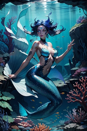 An ancient mermaid with glowing scales and sapphire eyes emerges from an underwater cave, surrounded by luminous corals and exotic fish, in a deep and mysterious sea.