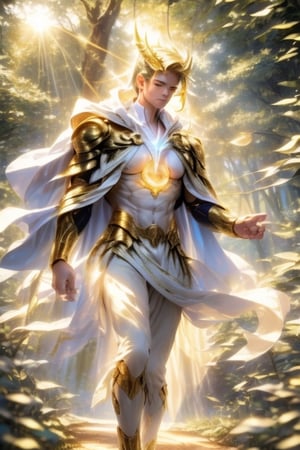 Lucifer in a natural setting, guiding a group of humans through an enchanted forest. Sunlight filters through the trees, creating a divine ray effect. Lucifer wears a white and gold cape, and his expression is serene and compassionate. Humans walk by his side, trusting and grateful.
