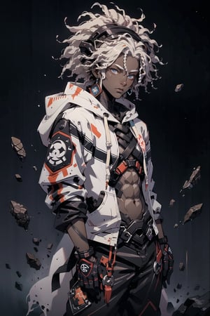 Rebreather, Hoodie, desert city, ninja clothes, (masterpiece), best quality, expressive eyes, perfect face, dark skin, muscular, big white afro hair, (dark-male:1.8:), (dark_skin), chocolate coloured skin colour, 