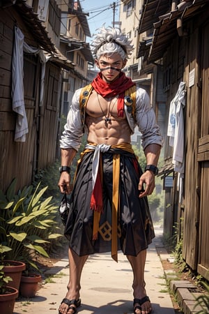 (((full white hair))), (incredibly big afro hairstyle), african male kid, young kid, male, (dark skin tone), shirtless ninja outfit, scarf with a hood, desert in the background
,red \(pokemon\)
