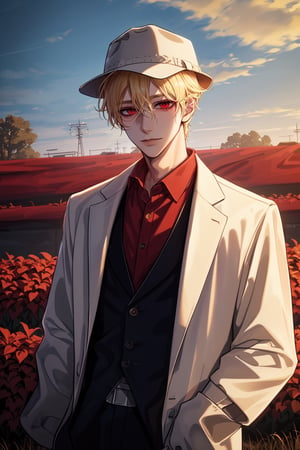  (man, young, tall, handsome, blonde, red eyes, glowing eyes, levi ackerman hairstyle, sharp eyes,), looking_at_viewer,  farm, farmer, farmer clothes, farmer hat, 