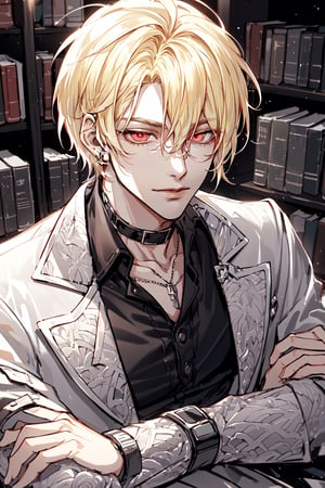 (Tall young handsome man, blonde, red eyes,  glowing eyes, levi ackerman hairstyle,) solo, looking at viewer, short hair, shirt, jewelry, jacket, upper body, male focus, earrings, necklace, collar, bracelet, book, black shirt, crossed arms, white jacket, watch, blonde hair