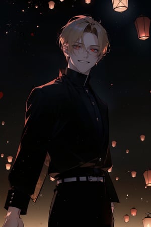 (masterpiece, best quality, highres:1.3), ( young handsome man, blonde hair, short hair, red eyes, glowing eyes, levi ackerman hairstyle,)  solo, grin, long sleeves, jacket,  male focus, black jacket, motion blur, from_side,  Waist-up view , ,sky lantern
