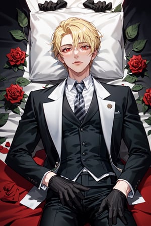 (Tall young handsome man, blonde, red eyes,  glowing eyes, levi ackerman hairstyle,) solo, shirt, black hair, gloves, long sleeves, closed mouth, jacket, white shirt, flower, male focus, cowboy shot, lying, necktie, striped, collared shirt, pants, black gloves, on back, vest, black jacket, rose, black pants, formal, suit, red flower, facing viewer, red rose, striped necktie, blonde hair