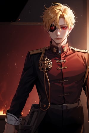  (man, young, tall, handsome, blonde, red eyes, glowing eyes, levi ackerman hairstyle, sharp eyes,), looking_at_viewer,  soldier, soldier clothes, eyepatch, serious 