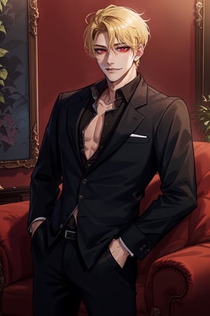  (man, young, tall, handsome, blonde, red eyes, glowing eyes, levi ackerman hairstyle, sharp eyes,), sexy, looking_at_viewer,  livingroom, smug, black pants, black shirt, hands on pockets, black suit,  elegant, mafia, mafia boss, luxurious, rich, unbuttoned shirt, 