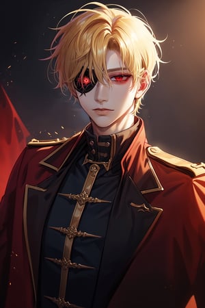  (man, young, tall, handsome, blonde, red eyes, glowing eyes, levi ackerman hairstyle, sharp eyes,), looking_at_viewer,  soldier, soldier clothes, eyepatch, serious 