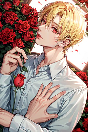 (Tall young handsome man, blonde hair, red eyes,  glowing eyes, levi ackerman hairstyle,) solo, looking at viewer, short hair, blonde hair, shirt, long sleeves, 1boy, holding, white shirt, upper body, flower, male focus, collared shirt, , blurry, dress shirt, rose, sunlight, red flower,  red rose, holding flower, 