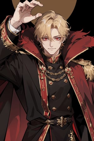 (masterpiece, best quality, highres:1.3), ( young handsome man, blonde hair, short hair, red eyes, glowing eyes, levi ackerman hairstyle,)  red and black outfit, ((wearing aristocrat robe)), king, in dark robes with gold accents, full body, detailed outfit, dark ornate royal robes, regal dark red clothes, black pants, standing, gloves, long sleeves, closed mouth, jacket, male focus, cape, fur trim, epaulettes, cape, glowing eyes, evil smile, cruel, empty eyes, cold, POV, viewed_from_below, low_angle, smirk, character sheet, character desing, (multiple views, full body, upper body, reference sheet:1)