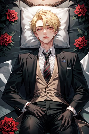 (Tall young handsome man, blonde, red eyes,  glowing eyes, levi ackerman hairstyle,) solo, shirt, black hair, gloves, long sleeves, closed mouth, jacket, white shirt, flower, male focus, cowboy shot, lying, necktie, striped, collared shirt, pants, black gloves, on back, vest, black jacket, rose, black pants, formal, suit, red flower, facing viewer, red rose, striped necktie, blonde hair