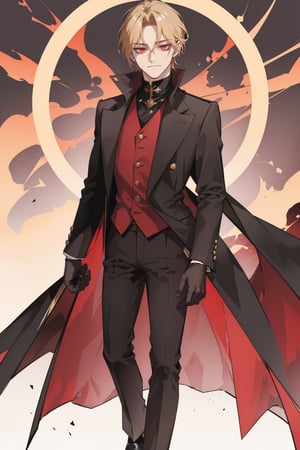 (masterpiece, best quality, highres:1.3), ( young handsome man, blonde hair, red eyes, glowing eyes, levi ackerman hairstyle,)  red and black outfit, in dark clothes, full body, detailed outfit,  regal dark red clothes, black pants, standing, gloves, long sleeves, closed mouth, jacket, male focus, glowing eyes, smirk, empty eyes, cold, void eyes, 