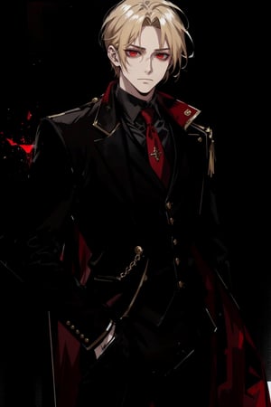 (masterpiece, best quality, highres:1.3), ( young handsome man, blonde hair, red eyes, glowing eyes, levi ackerman hairstyle,)  red and black outfit, in dark clothes, dark red clothes, black pants, standing, gloves, long sleeves, closed mouth, jacket, male focus, glowing eyes, evil, cold, villian, suit, waistcoat, shirt, tie, neutral_expression, poker face,  emotionless