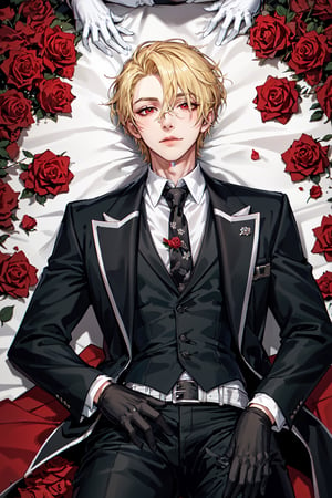 (Tall young handsome man, blonde, red eyes,  glowing eyes, levi ackerman hairstyle,) solo, shirt, black hair, gloves, long sleeves, closed mouth, jacket, white shirt, flower, male focus, cowboy shot, lying, necktie, striped, collared shirt, pants, black gloves, on back, vest, black jacket, rose, black pants, formal, suit, red flower, facing viewer, red rose, striped necktie, blonde hair