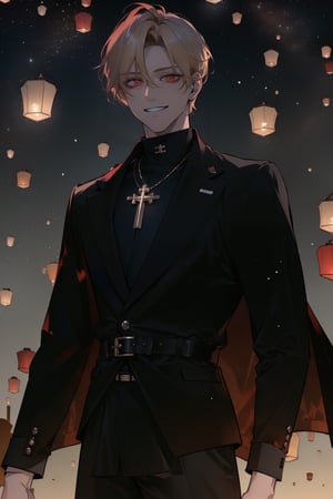 (masterpiece, best quality, highres:1.3), ( young handsome man, blonde hair, short hair, red eyes, glowing eyes, levi ackerman hairstyle,)  solo, grin, long sleeves, jacket,  male focus, black jacket, Waist-up view ,sky lantern, cross necklace, 