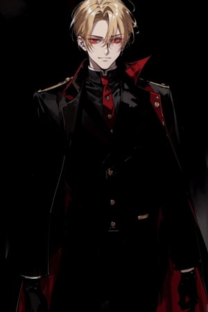 (masterpiece, best quality, highres:1.3), ( young handsome man, blonde hair, red eyes, glowing eyes, levi ackerman hairstyle,)  red and black outfit, in dark clothes, dark red clothes, black pants, standing, gloves, long sleeves, closed mouth, jacket, male focus, glowing eyes, smirk, evil, cold, villian, 