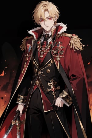 (masterpiece, best quality, highres:1.3), ( young handsome man, blonde hair, short hair, red eyes, glowing eyes, levi ackerman hairstyle,)  red and black outfit, ((wearing aristocrat robe)), king, in dark robes with gold accents, full body, detailed outfit, dark ornate royal robes, regal dark red clothes, black pants, standing, gloves, long sleeves, closed mouth, jacket, male focus, cape, fur trim, epaulettes, cape, glowing eyes, evil smile, cruel, empty eyes, cold,, palace, royal, royalty, elegant, handsome, standing, sword, holding sword,