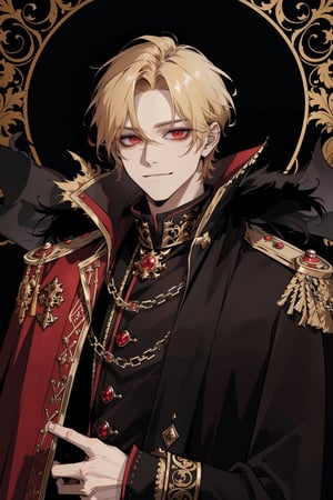 (masterpiece, best quality, highres:1.3), ( young handsome man, blonde hair, short hair, red eyes, glowing eyes, levi ackerman hairstyle,)  red and black outfit, ((wearing aristocrat robe)), king, in dark robes with gold accents, full body, detailed outfit, dark ornate royal robes, regal dark red clothes, black pants, standing, gloves, long sleeves, closed mouth, jacket, male focus, cape, fur trim, epaulettes, cape, glowing eyes, evil smile, cruel, empty eyes, cold, POV, viewed_from_below, low_angle, smirk, character sheet, character desing, (multiple views, full body, upper body, reference sheet:1)