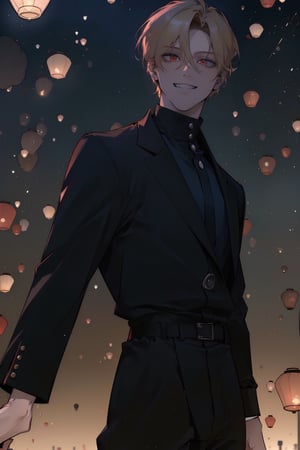 (masterpiece, best quality, highres:1.3), ( young handsome man, blonde hair, short hair, red eyes, glowing eyes, levi ackerman hairstyle,)  solo, grin, long sleeves, jacket,  male focus, black jacket, motion blur, from_side,  Waist-up view , ,sky lantern
