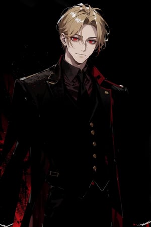 (masterpiece, best quality, highres:1.3), ( young handsome man, blonde hair, red eyes, glowing eyes, levi ackerman hairstyle,)  red and black outfit, in dark clothes, dark red clothes, black pants, standing, gloves, long sleeves, closed mouth, jacket, male focus, glowing eyes, smirk, evil, cold, villian, suit, waistcoat, shirt, tie, 