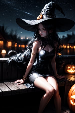 A teen witch girl wearing a black dress, long Orange hair , wearing a haunted hat, levitating hair, pumpkin around her , and near her, sitting on a wooden bench, night time, glowing pumpkins, stars in the sky, looking left side, arm bracelet, wrist bracelet,  large portrait imagez 