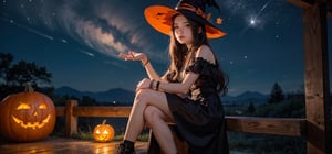 A teen witch girl wearing a black dress, long Orange hair , wearing a haunted hat, levitating hair, pumpkin around her , and near her, sitting on a wooden bench, night time, glowing pumpkins, stars in the sky, looking left side, arm bracelet, wrist bracelet, large portrait imagez