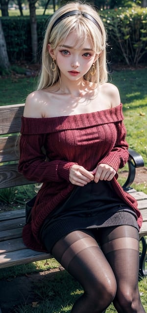 masterpiece, best quality, highres, bbyorf, long hair, white hairband, red eyes, gold earrings, large breasts, jewelry, off shoulder, red sweater, sweater dress, long sleeves, black pantyhose, , (dress lift:1.3), panties under pantyhose, sitting, bench, embarrassed, blush, outdoors