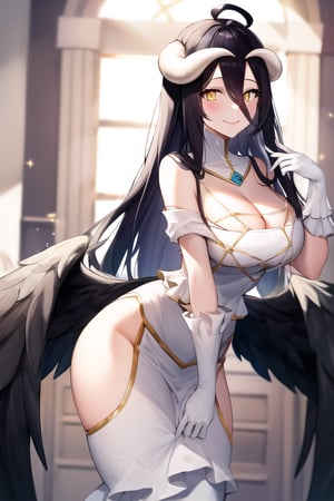 masterpiece, best quality, highres, al1, demon horns, slit pupils, white gloves, white dress, bare shoulders, detached collar, cleavage, black wings, feathered wings, low wings, , cowboy shot, standing, smile, dungeon, evil smile,