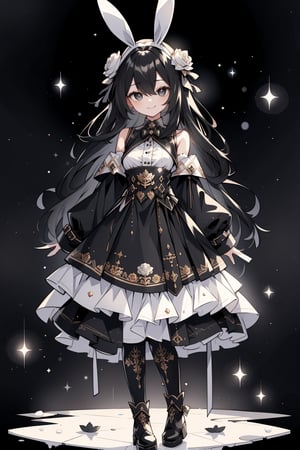 (masterpiece, best quality, highres:1.3), (Grey eyes, black hair, medium hair, wavy hair, hair between eyes, 1girl, small breasts) (cute background:1.2)  black and white dress, wonderland,  bunny,  black pantyhose,  fullbody, black boots, ankle-high-boots, smiling, looking_at_viewer,  black background,  white roses, field of white roses, raining, sad smile, 