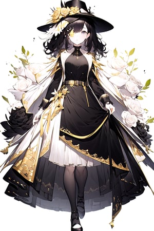 (Gray eyes, black hair, medium hair, wavy hair, small breasts, 1girl), dress decored with flowers, dress with belt, blazer, ribbons, fancy_hat, flowers in hair, hair_ornaments, black, black, white, gold,  full body,FlowerOverEye