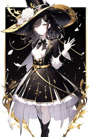 (Gray eyes, black hair, medium hair, wavy hair, small breasts, 1girl), dress decored with flowers, dress with belt, blazer, ribbons, fancy_hat, flowers in hair, hair_ornaments, black, black, white, gold,  full body,FlowerOverEye