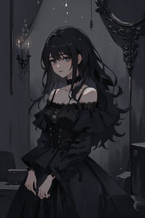 (masterpiece, best quality, highres:1.3), (Gray eyes, black hair, medium hair, wavy hair, hair between eyes, 1girl, small breasts) upperbody, 
 expressive eyes, wearing a white off-shoulder dress with lace and ruffle details, Her expression is somber, Dark, wilted roses and their stems form part of the background, melancholic atmosphere, somber and melancholic, The colors are muted and dark,