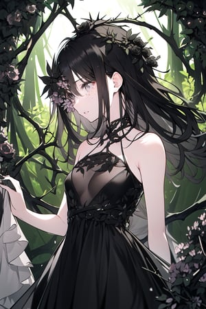 (Gray eyes, black hair, medium hair, wavy hair, small breasts, 1girl), nature, with vines and flowers entwined in her hair, dress, black dress, corrupted, black flowers, thorn vines, crying, FlowerOverEye