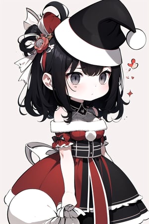 (Gray eyes, black hair, medium hair, wavy hair, small breasts, 1girl),  padoru meme,holding sack, santa hat, chibi,padoru meme