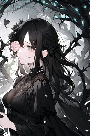 (Gray eyes, black hair, medium hair, wavy hair, small breasts, 1girl), nature, with vines and flowers entwined in her hair, dress, black dress, corrupted, black flowers, thorn vines, crying, FlowerOverEye