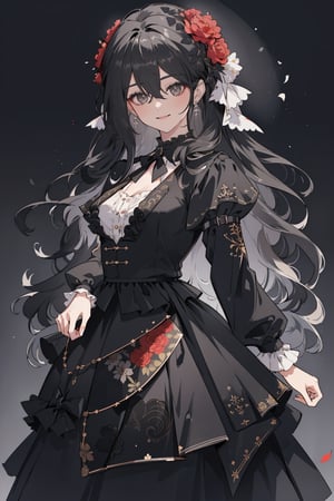 (masterpiece, best quality, highres:1.3), (Grey eyes, black hair, medium hair, wavy hair, hair between eyes, 1girl, small breasts) 
Black shirt, ruffle collar, black skirt with ruffles, ribbon, smile, (Fill the background with flowers:1.4), cluster amaryllis, lilies, roses, dynamic pose,