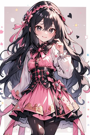 (masterpiece, best quality, highres:1.3), (Grey eyes, black hair, medium hair, wavy hair, hair between eyes, 1girl, small breasts) (cute background:1.2) rococo style clothing, pink colors, pantyhose,  smiling, looking_at_viewer,  