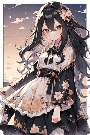 (masterpiece, best quality, highres:1.3), (Grey eyes, black hair, medium hair, wavy hair, hair between eyes, 1girl, small breasts) (cute background:1.2) dress, floral patterns, ribbons,  white, beige,  cozy, cotagge, sunset, fields,