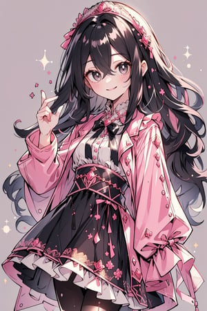 (masterpiece, best quality, highres:1.3), (Grey eyes, black hair, medium hair, wavy hair, hair between eyes, 1girl, small breasts) (cute background:1.2) rococo style clothing, pink colors, pantyhose,  smiling, looking_at_viewer,  