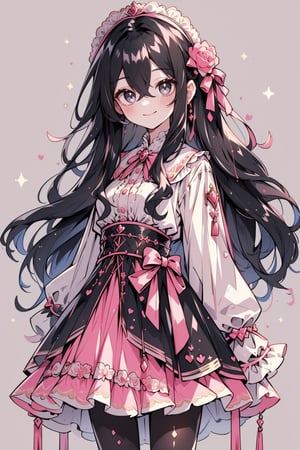 (masterpiece, best quality, highres:1.3), (Grey eyes, black hair, medium hair, wavy hair, hair between eyes, 1girl, small breasts) (cute background:1.2) rococo style clothing, pink colors, pantyhose,  smiling, looking_at_viewer,  