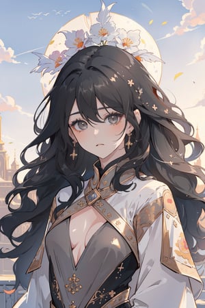 (masterpiece, best quality, highres:1.3), (Grey eyes, black hair, medium hair, wavy hair, hair between eyes, 1girl, small breasts) (Beautifully Aesthetic:1.2), portrait, With each new sunrise, Hope blooms like a wildflower, Dreams take flight and rise, stunning gradient colors, detailed background,