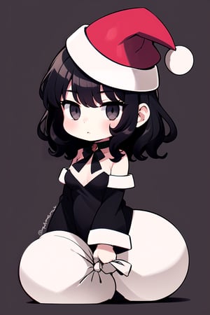 (Gray eyes, black hair, medium hair, wavy hair, small breasts, 1girl),  padoru meme,holding sack, santa hat, chibi,padoru meme