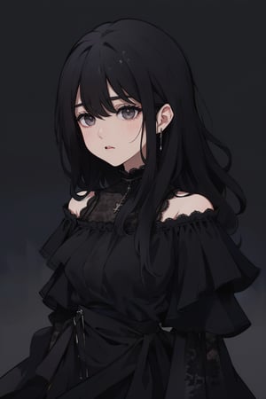 (masterpiece, best quality, highres:1.3), (Gray eyes, black hair, medium hair, wavy hair, hair between eyes, 1girl, small breasts) upperbody, 
 expressive eyes, wearing a black off-shoulder dress with lace and ruffle details, Her expression is somber, Dark, wilted roses and their stems form part of the background, melancholic atmosphere, somber and melancholic, The colors are muted and dark,CutePatinting